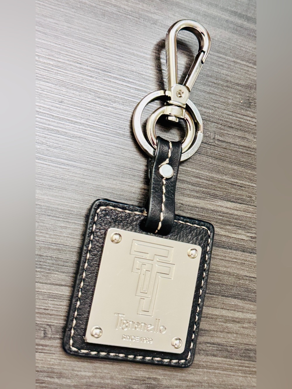 NWT - Tamarillo “Triple T” Silver Plated Black Leather Keychain / Bag Charm